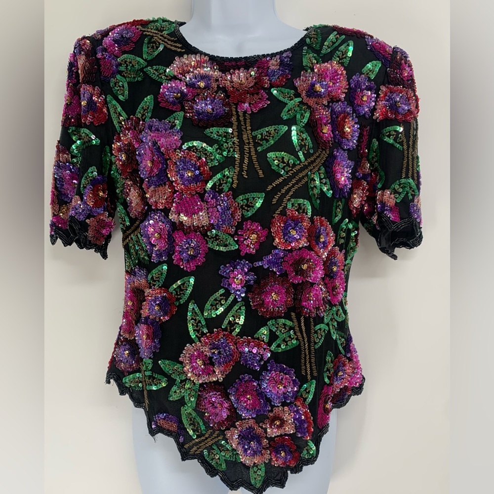 Vintage Laurence Kazar silk floral beaded blouse large l